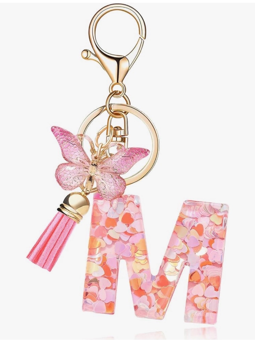 Monogrammed Key Chain (M), pink & hearts